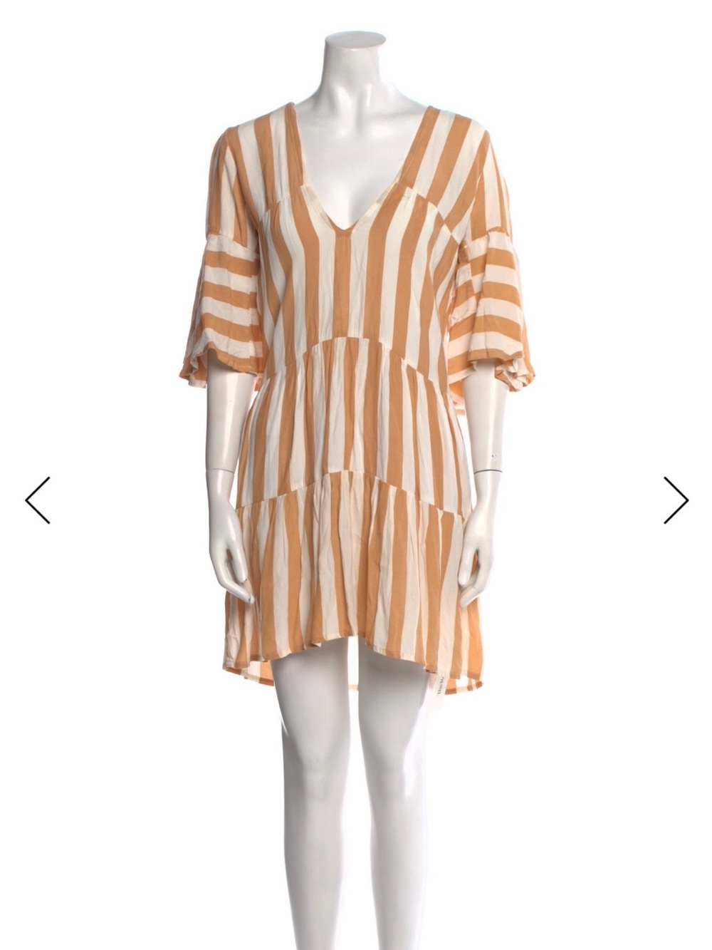 Faithfull the Brand Beige and White Striped Tiered V-Neck Mini Dress